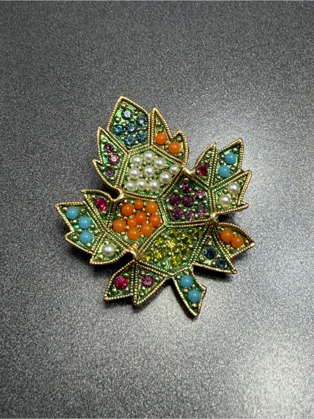Vintage D’Orlan Buried Treasures 22 kt Leaf Jewel Brooch #47SB